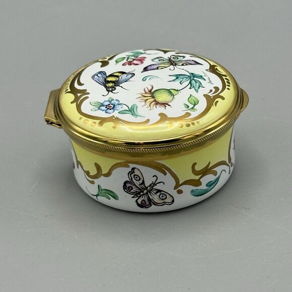 Vtg Round Porcelain Hinged Trinket Box Signed Butterflies Ladybug Flowers Gilt - Picture 3 of 11